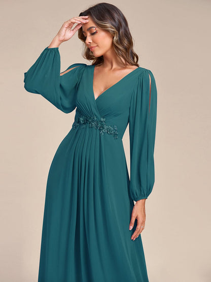 Sophisticated Deep V-Neck Formal Dress with Long Lantern Sleeves