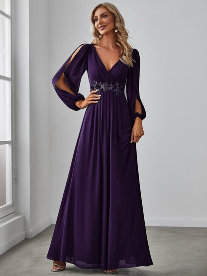 Sophisticated Deep V-Neck Formal Dress with Long Lantern Sleeves