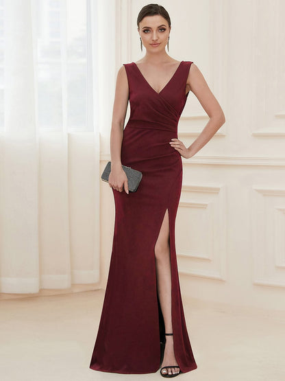 Sophisticated Deep V Neck Sleeveless Evening Gown with Pencil Split
