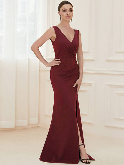 Sophisticated Deep V Neck Sleeveless Evening Gown with Pencil Split