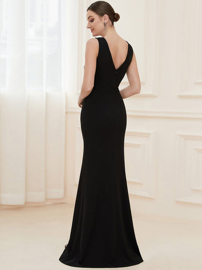 Sophisticated Deep V Neck Sleeveless Evening Gown with Pencil Split