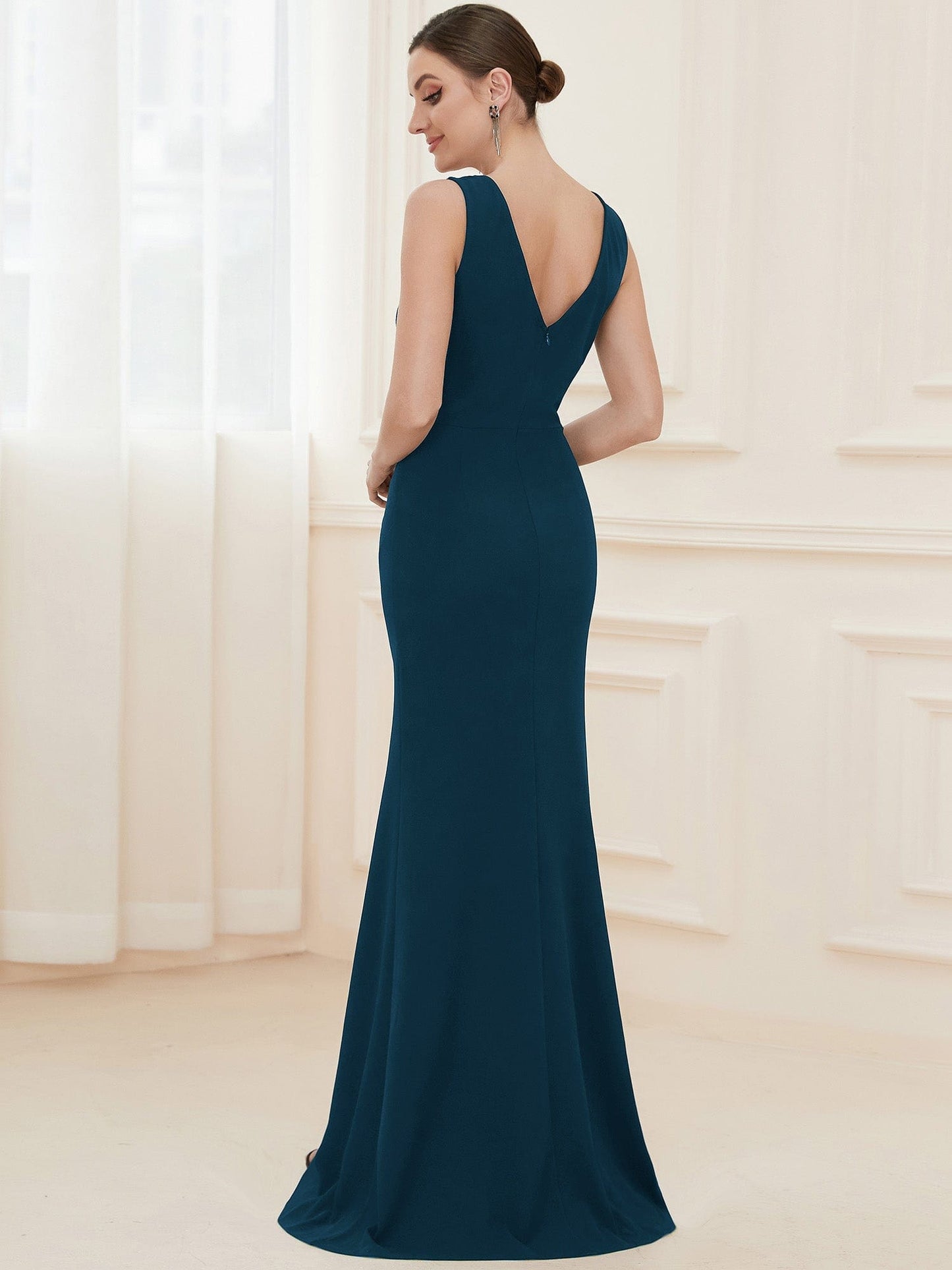 Sophisticated Deep V Neck Sleeveless Evening Gown with Pencil Split