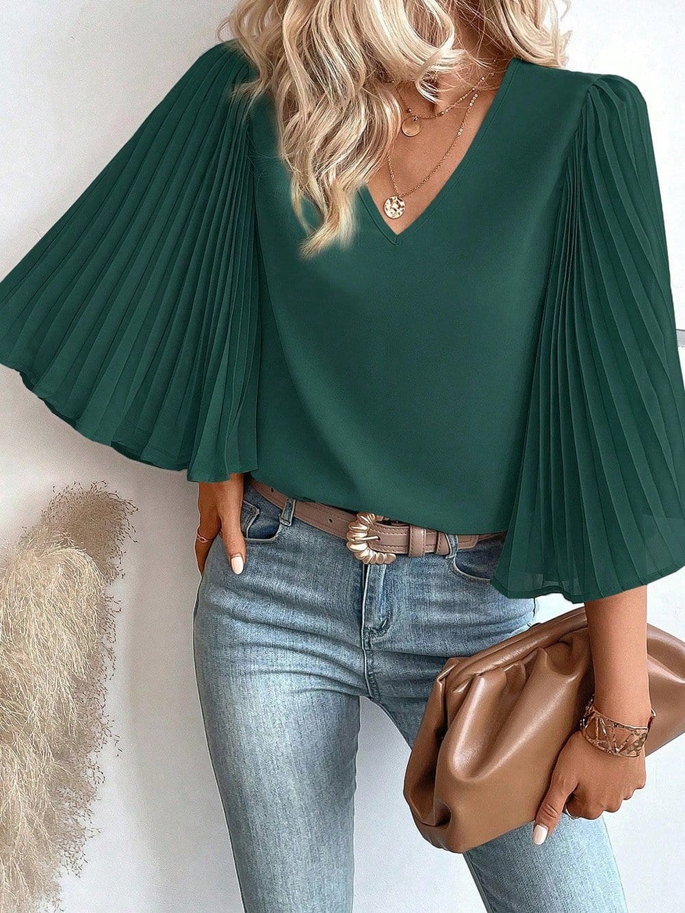 Sophisticated Forest Green Pleated Bell Sleeve Blouse