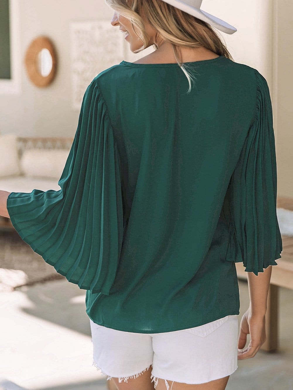 Sophisticated Forest Green Pleated Bell Sleeve Blouse