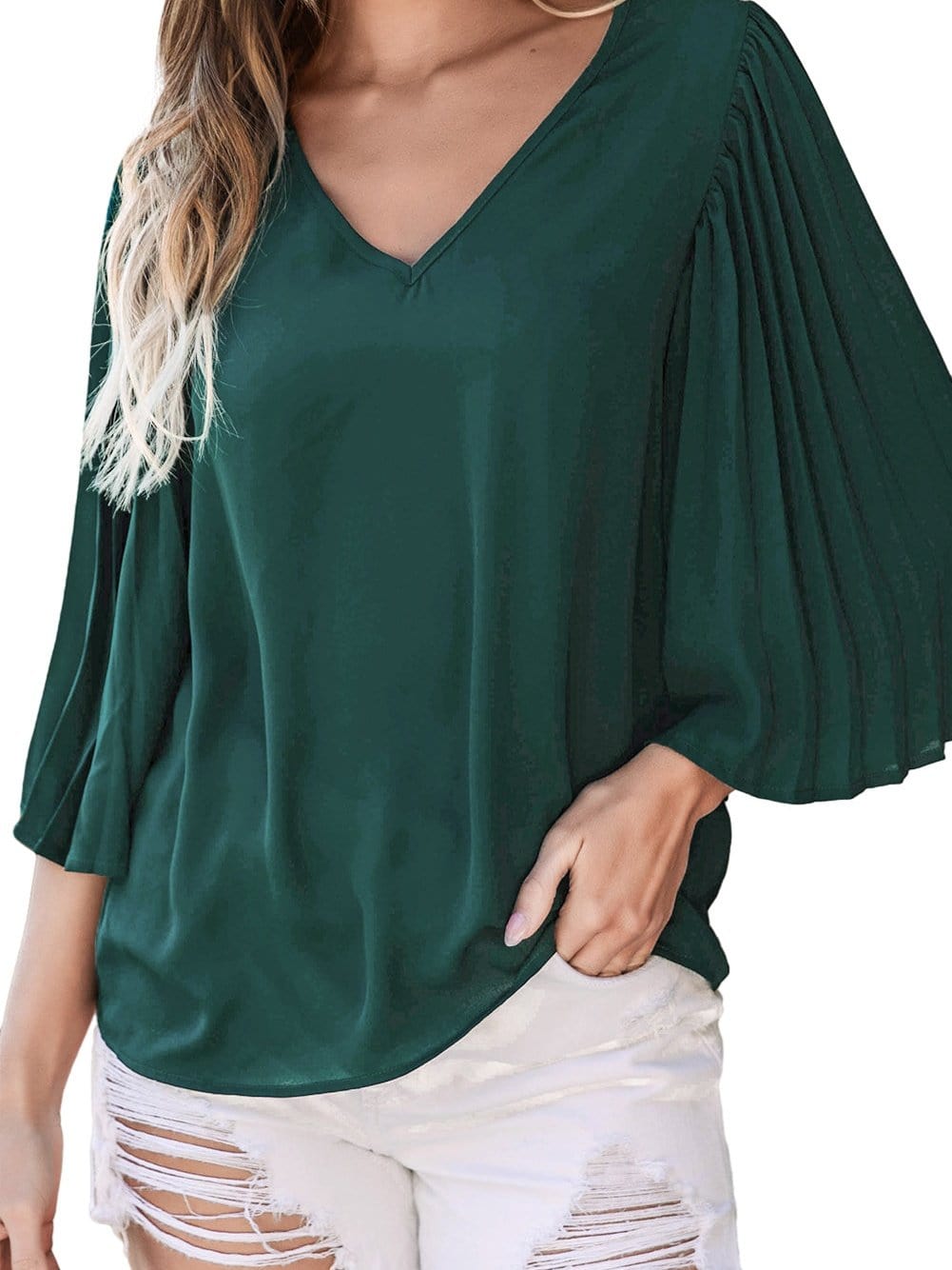 Sophisticated Forest Green Pleated Bell Sleeve Blouse