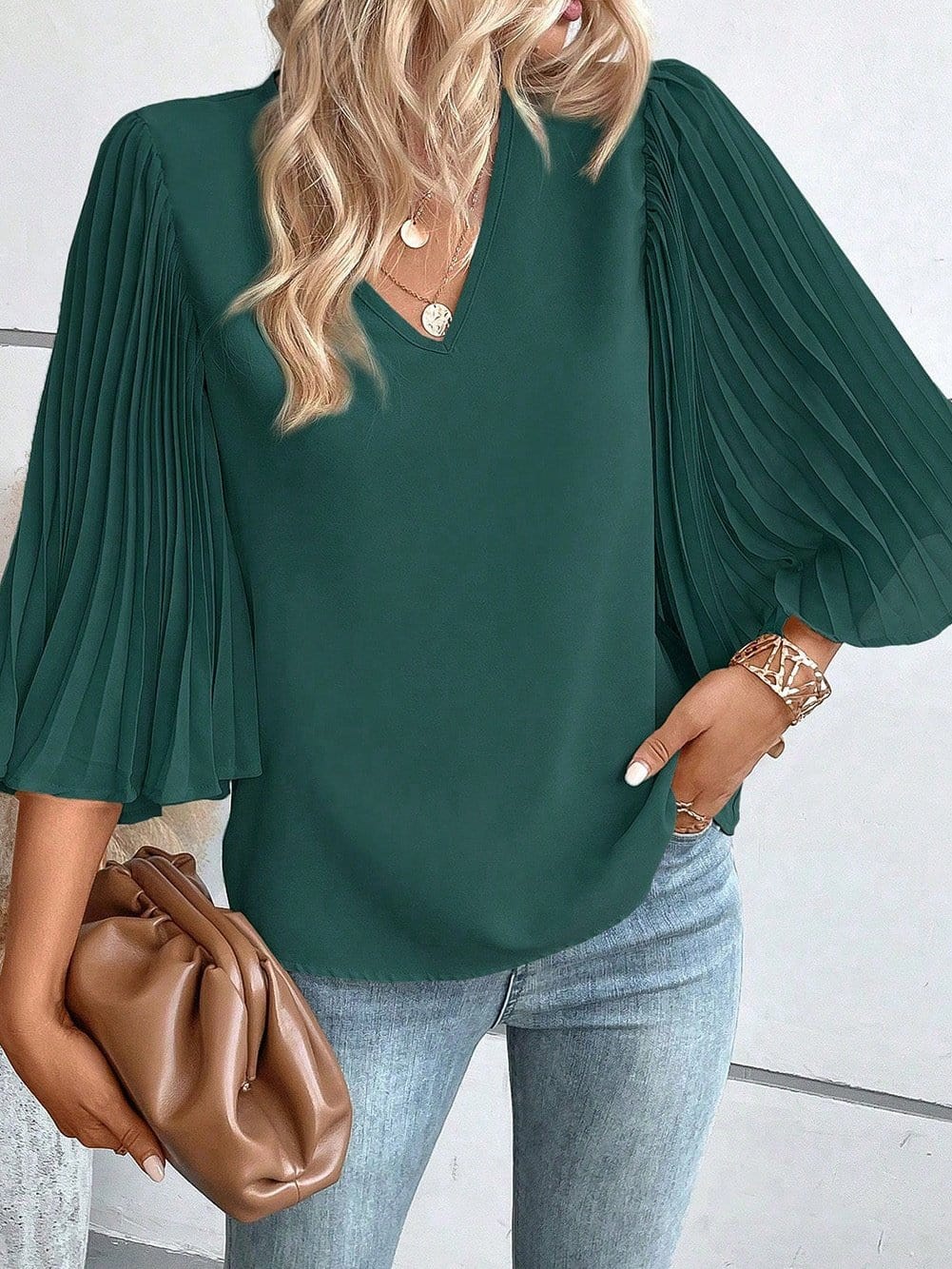 Sophisticated Forest Green Pleated Bell Sleeve Blouse