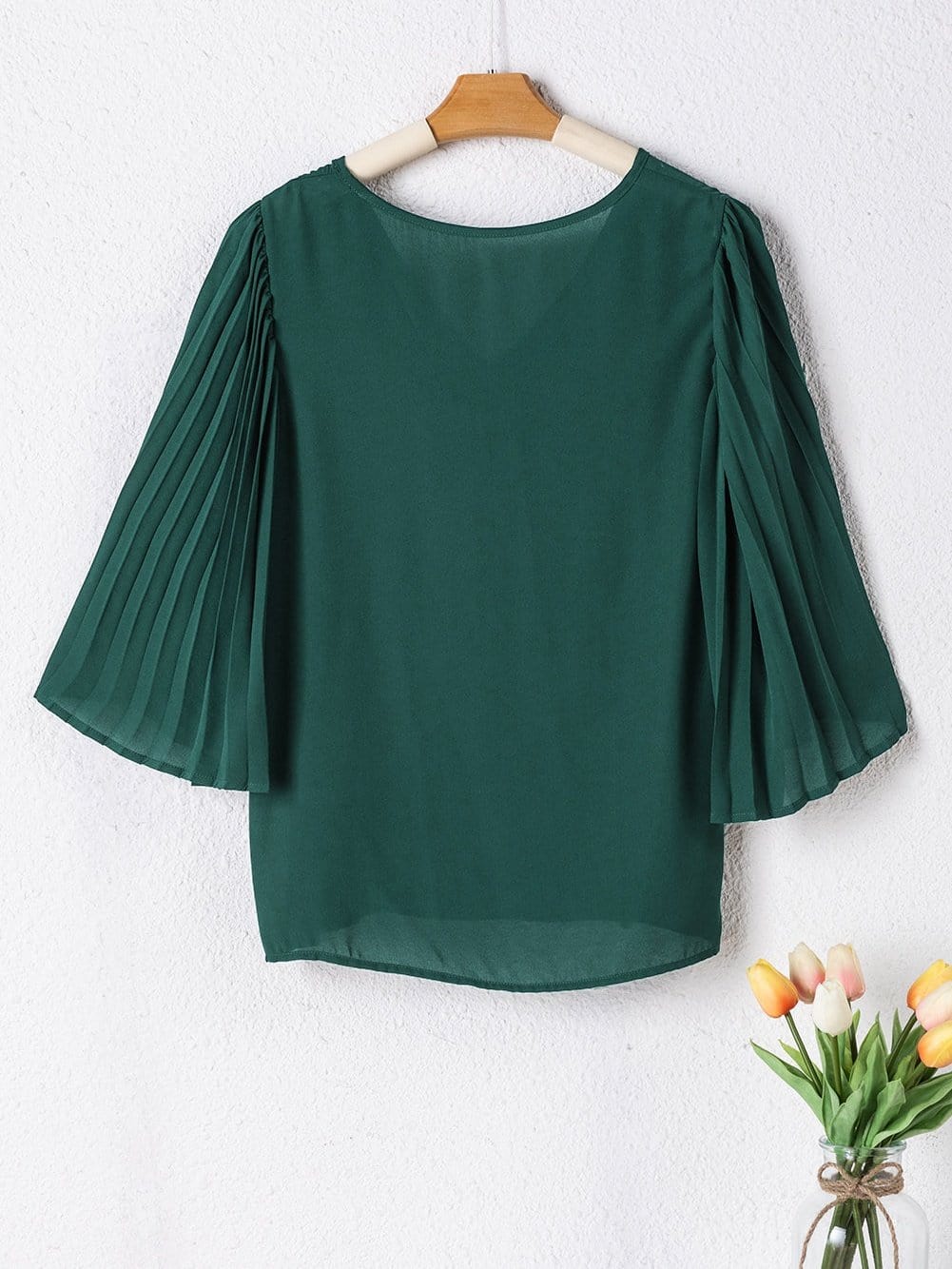 Sophisticated Forest Green Pleated Bell Sleeve Blouse