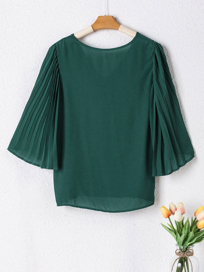 Sophisticated Forest Green Pleated Bell Sleeve Blouse