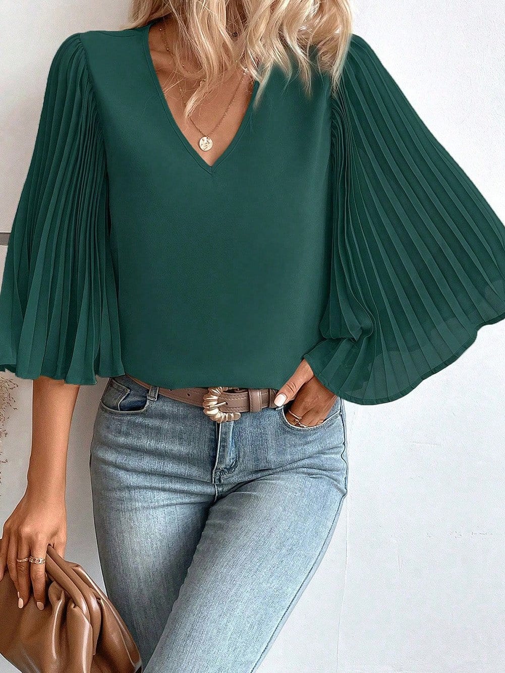 Sophisticated Forest Green Pleated Bell Sleeve Blouse