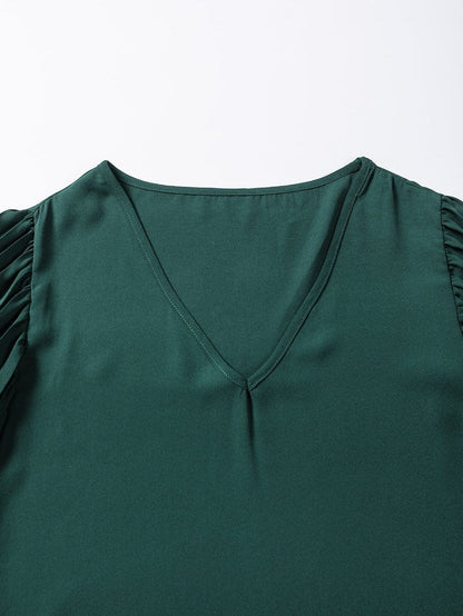 Sophisticated Forest Green Pleated Bell Sleeve Blouse