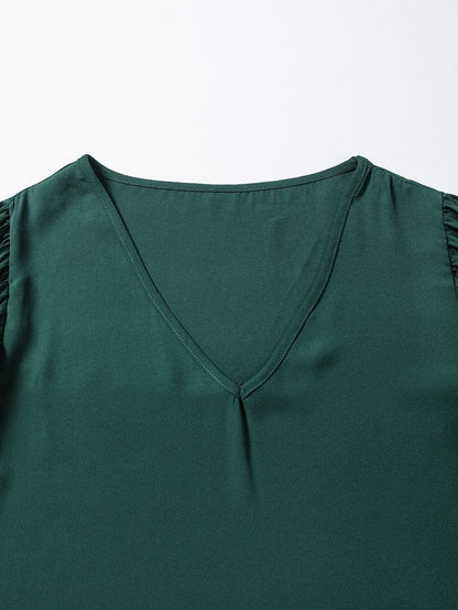 Sophisticated Forest Green Pleated Bell Sleeve Blouse