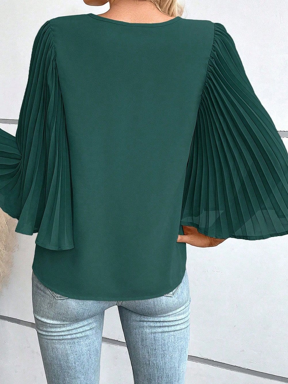 Sophisticated Forest Green Pleated Bell Sleeve Blouse
