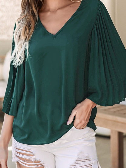 Sophisticated Forest Green Pleated Bell Sleeve Blouse