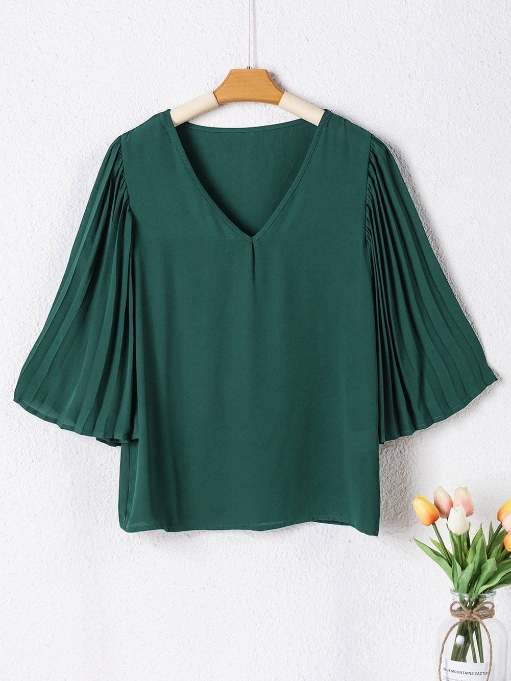 Sophisticated Forest Green Pleated Bell Sleeve Blouse