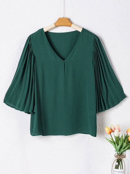 Sophisticated Forest Green Pleated Bell Sleeve Blouse