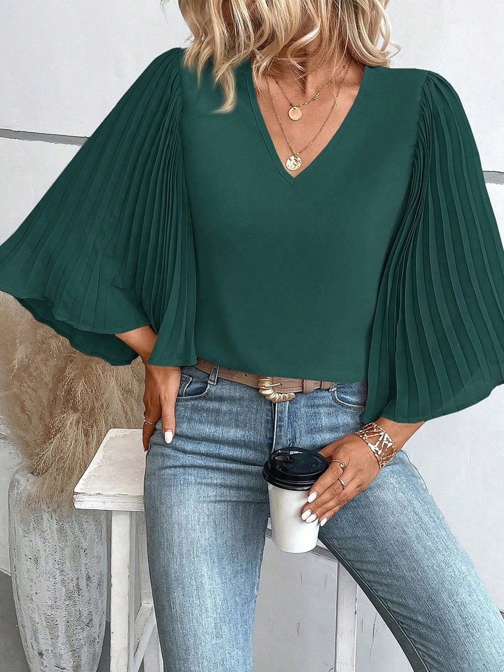 Sophisticated Forest Green Pleated Bell Sleeve Blouse