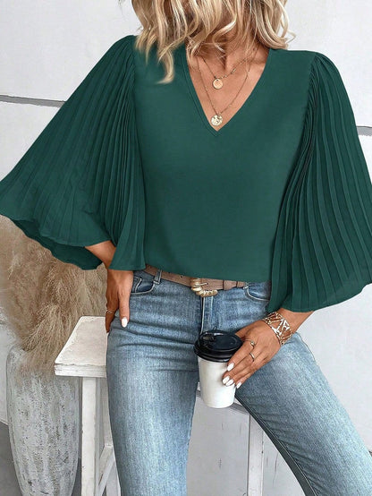 Sophisticated Forest Green Pleated Bell Sleeve Blouse