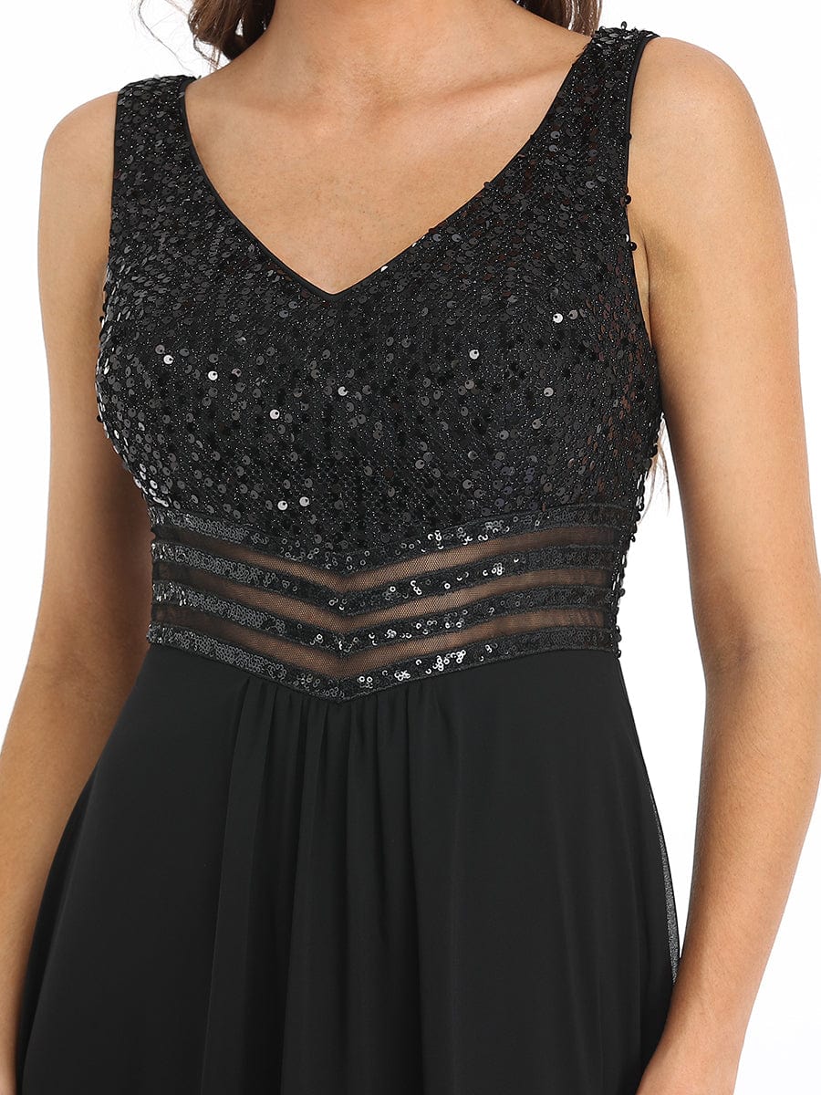 Sophisticated Sequin-adorned High-Low Chiffon Evening Gown