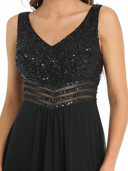 Sophisticated Sequin-adorned High-Low Chiffon Evening Gown