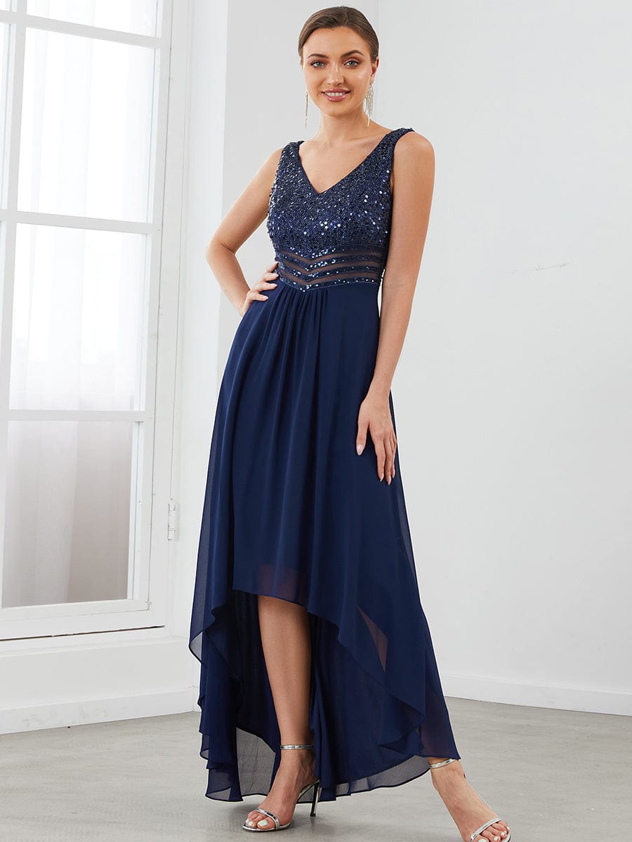 Sophisticated Sequin-adorned High-Low Chiffon Evening Gown