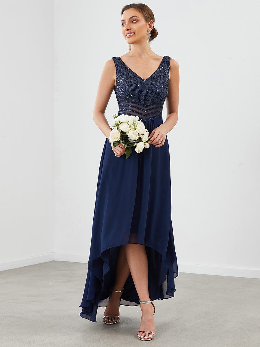 Sophisticated Sequin-adorned High-Low Chiffon Evening Gown