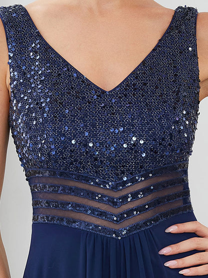 Sophisticated Sequin-adorned High-Low Chiffon Evening Gown