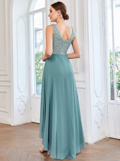 Sophisticated Sequin-adorned High-Low Chiffon Evening Gown
