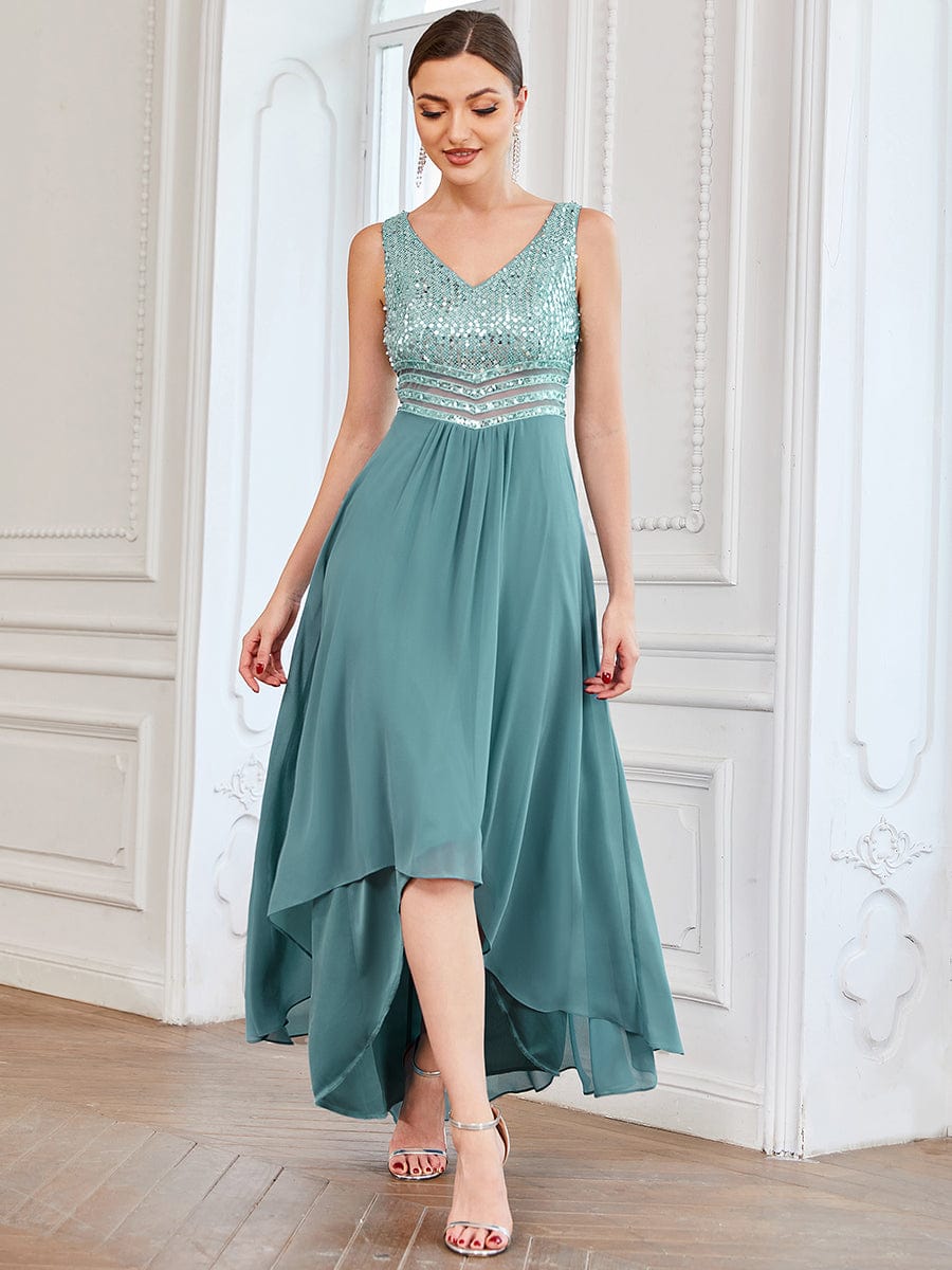 Sophisticated Sequin-adorned High-Low Chiffon Evening Gown
