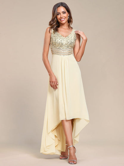 Sophisticated Sequin-adorned High-Low Chiffon Evening Gown