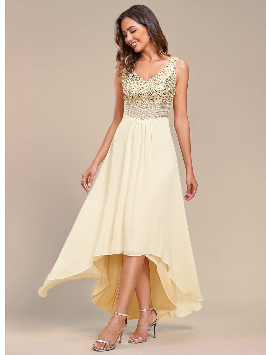 Sophisticated Sequin-adorned High-Low Chiffon Evening Gown