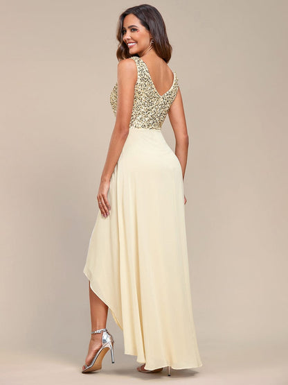 Sophisticated Sequin-adorned High-Low Chiffon Evening Gown