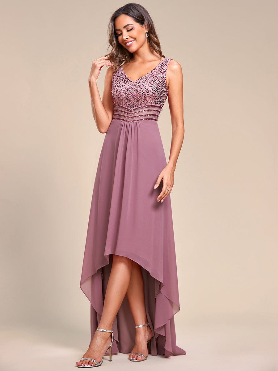 Sophisticated Sequin-adorned High-Low Chiffon Evening Gown