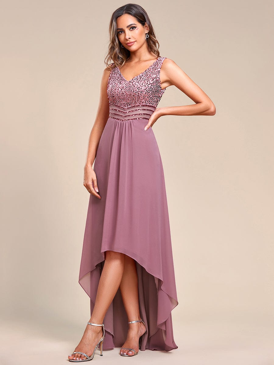 Sophisticated Sequin-adorned High-Low Chiffon Evening Gown