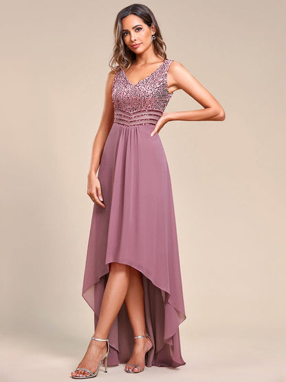 Sophisticated Sequin-adorned High-Low Chiffon Evening Gown