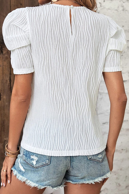Sophisticated White Textured Puff Sleeve T-Shirt