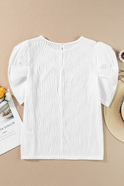 Sophisticated White Textured Puff Sleeve T-Shirt