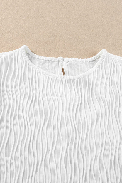 Sophisticated White Textured Puff Sleeve T-Shirt