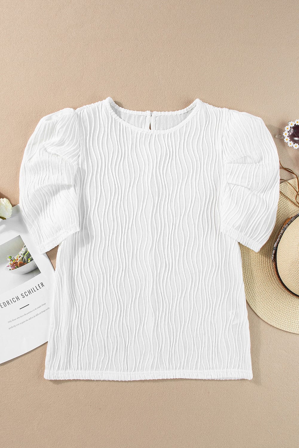 Sophisticated White Textured Puff Sleeve T-Shirt