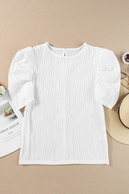 Sophisticated White Textured Puff Sleeve T-Shirt