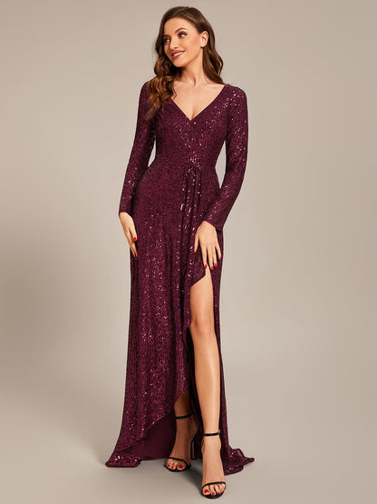 Sparkling A-Line Deep V Neck Long Sleeves Evening Dress with Split
