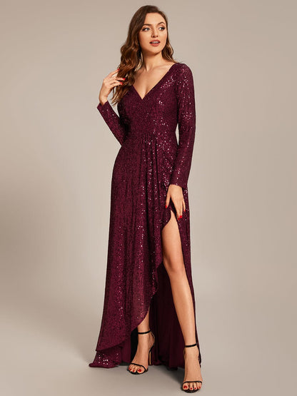 Sparkling A-Line Deep V Neck Long Sleeves Evening Dress with Split
