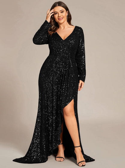 Sparkling A-Line Deep V Neck Long Sleeves Evening Dress with Split