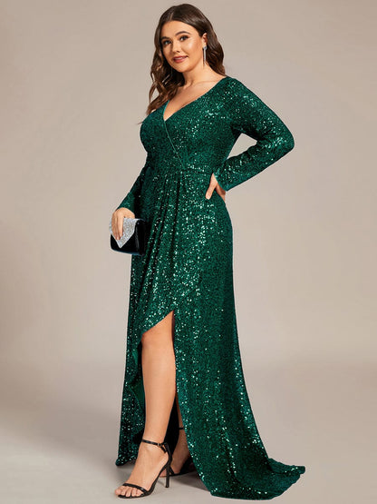 Sparkling A-Line Deep V Neck Long Sleeves Evening Dress with Split