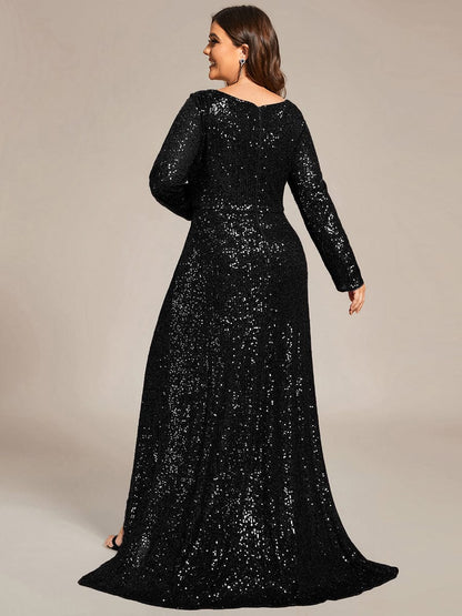 Sparkling A-Line Deep V Neck Long Sleeves Evening Dress with Split
