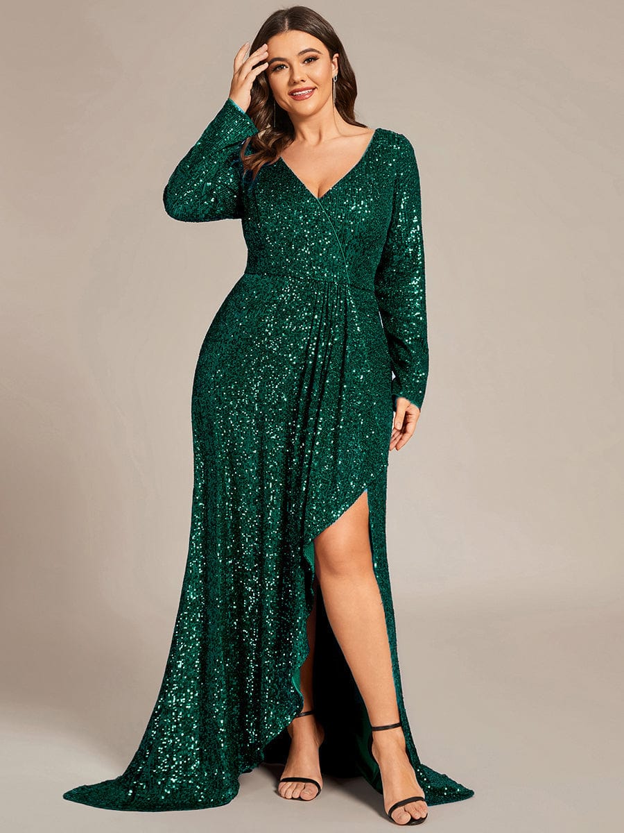 Sparkling A-Line Deep V Neck Long Sleeves Evening Dress with Split
