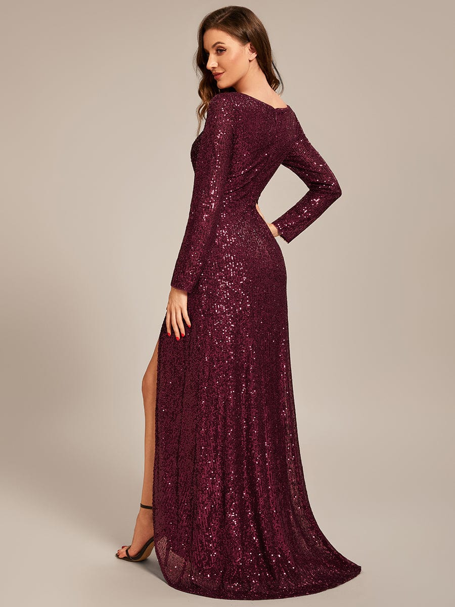 Sparkling A-Line Deep V Neck Long Sleeves Evening Dress with Split