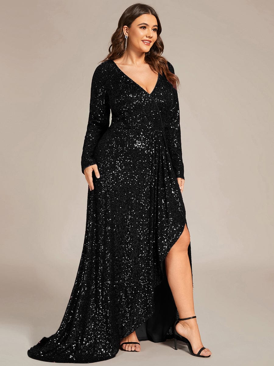Sparkling A-Line Deep V Neck Long Sleeves Evening Dress with Split