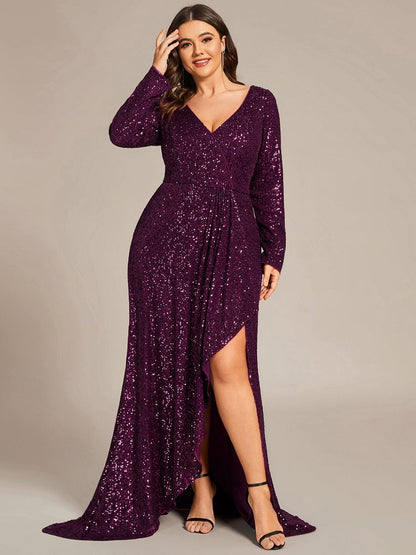 Sparkling A-Line Deep V Neck Long Sleeves Evening Dress with Split