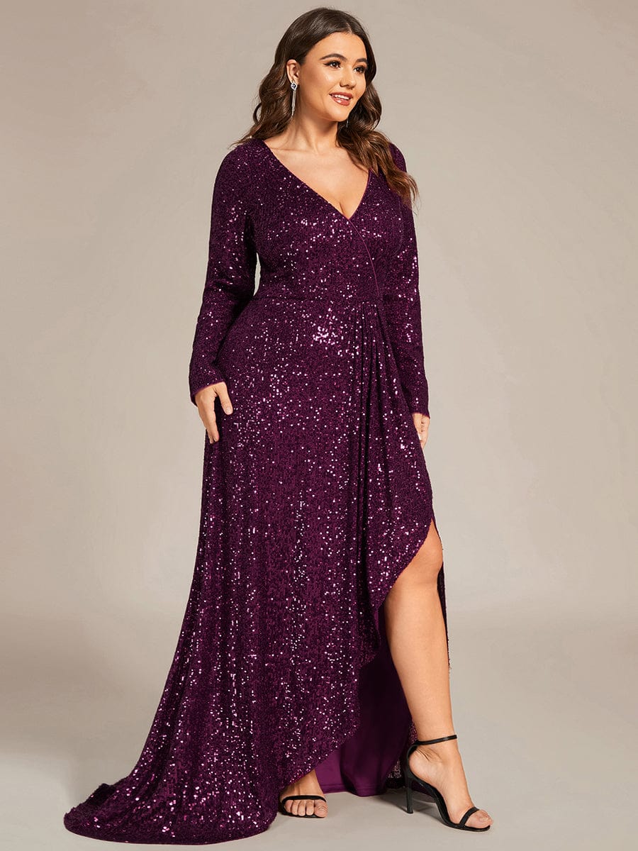 Sparkling A-Line Deep V Neck Long Sleeves Evening Dress with Split
