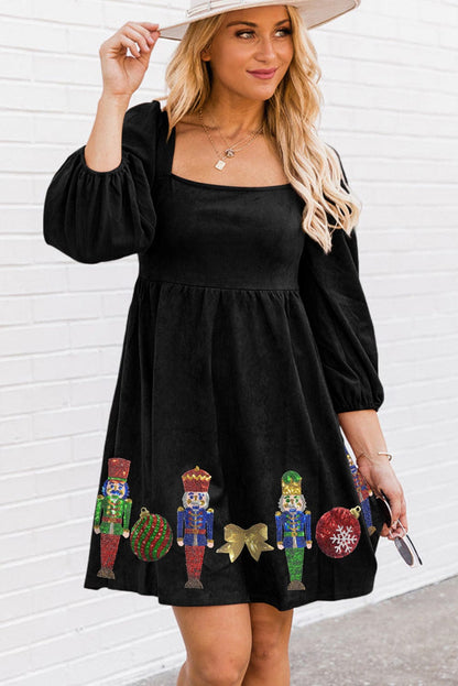 Sparkling Black Christmas Nutcracker Square Neck Mini Dress